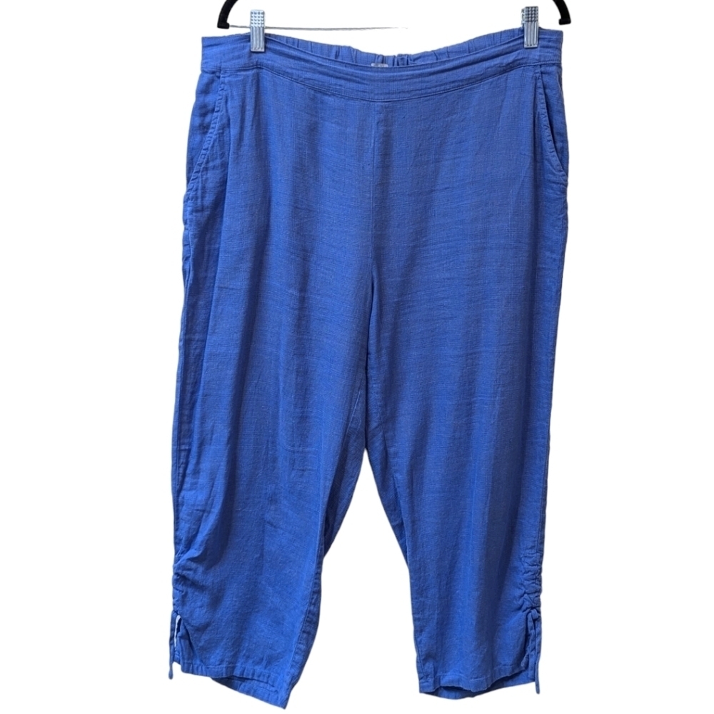 Habitat Linen Blend Blue w. Gray Check Ruched Cropped Pull on Pants (L)